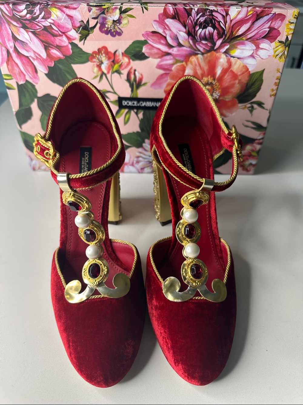 RARE Dolce & Gabbana Red Velvet Gold-Tone Jeweled Ankle-Strap Heels
